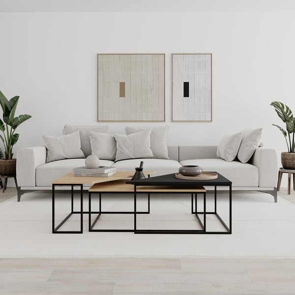 Масички за кафе в комплект от 3 с плот в дъбов декор в естествен цвят 70x110 cm Titan - Marckeric-image-1