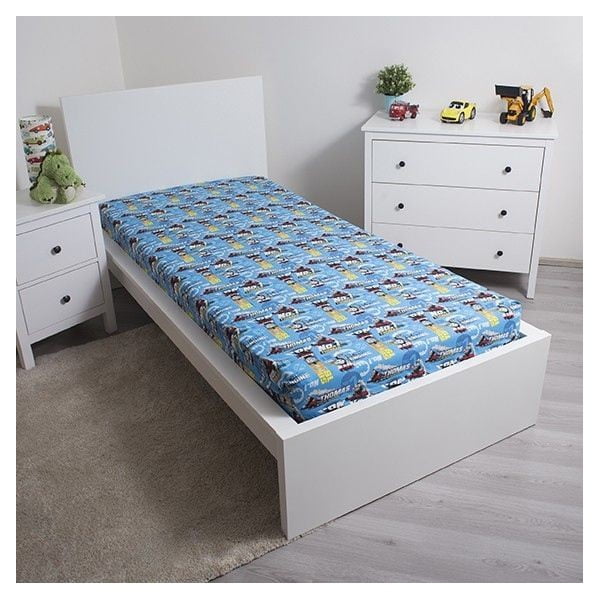 Син еластичен памучен детски чаршаф 90x200 cm Thomas the Tank Engine – Jerry Fabrics-image-1