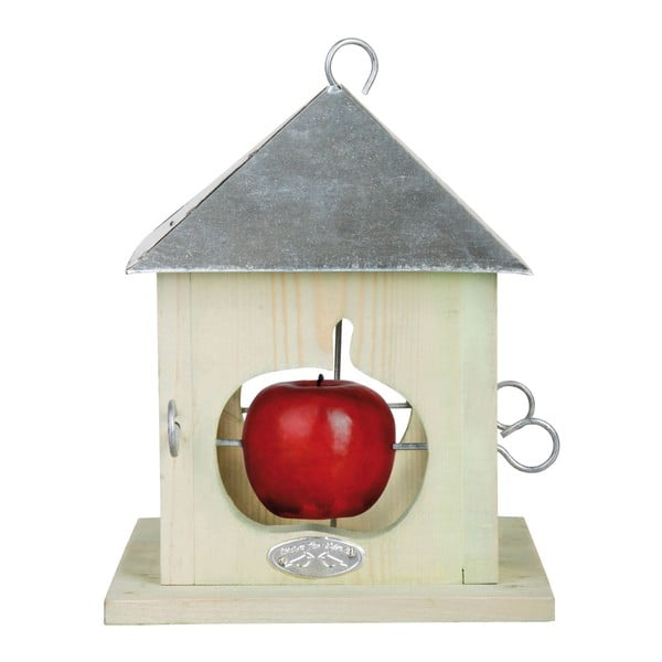Bílé dřevěné krmítko pro ptáky se zinkovou střechou na 4 jablka Esschert Design, výška 23 cm