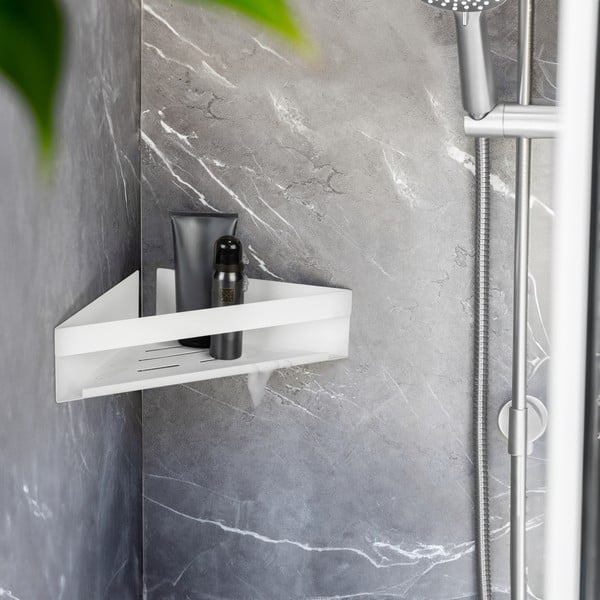 Ъглов рафт за баня без пробиване от неръждаема стомана в матово бял цвят Genova – Wenko-image-1
