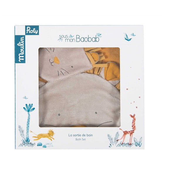 Жълт памучен комплект бебешки кърпи с качулка и хавлия 80x114 cm Sous mon Baobab - Moulin Roty-image-3