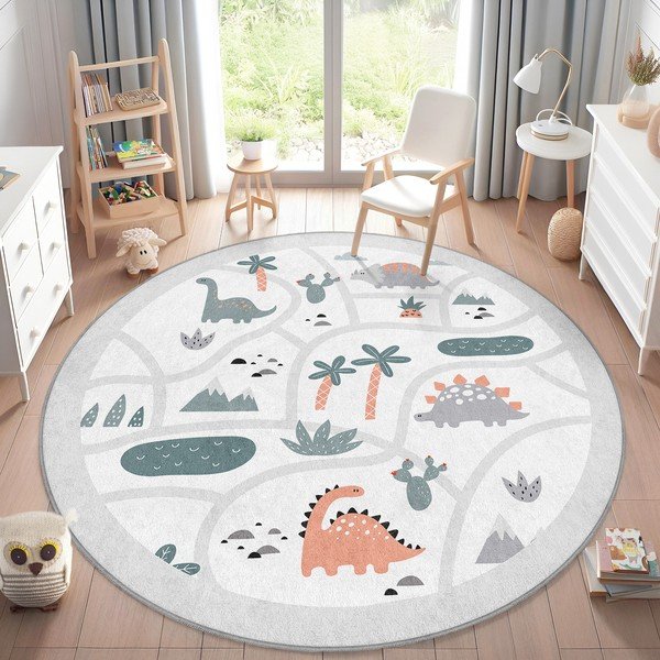 Светлосиво детско килимче за игра подходящо за пране ø80 cm Dino Park – Mila Home-image-1