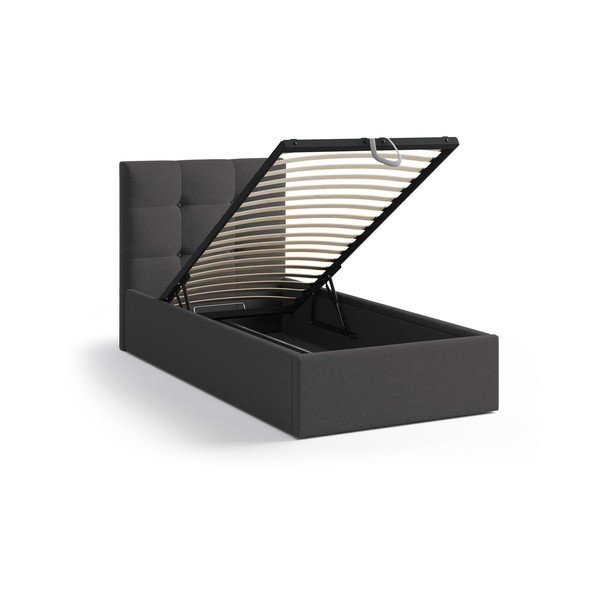 Антрацитно единично легло 90x200 cm тапицирано с място за съхранение с включена подматрачна рамка Phaedra – Micadoni -image-1