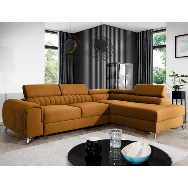 Жълт кадифен разтегателен ъглов диван с място за съхранение (десен ъгъл L форма) Laurence – ELTAP-image-1