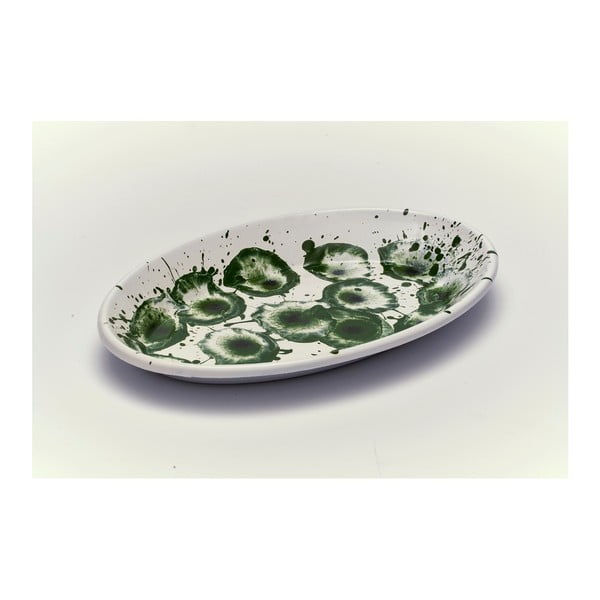 Zelenobílý smaltovaný servírovací talíř Kapka Floral Madness