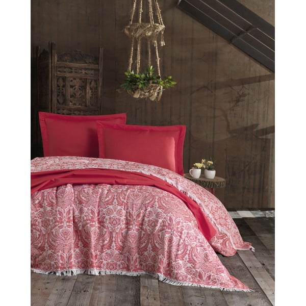 Комплект от червена памучна покривка за легло и 2 калъфки за възглавници EnLora Home Червено, 240 x 260 cm Nish - Mijolnir