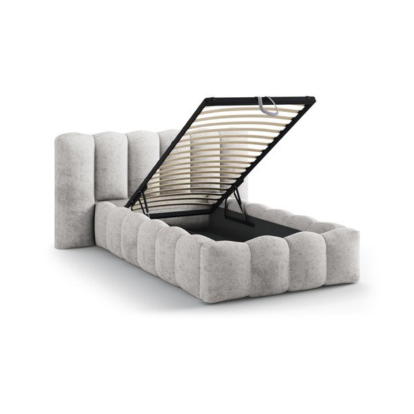 Сиво единично легло 90x200 cm тапицирано с място за съхранение с включена подматрачна рамка Lupine – Micadoni -image-1