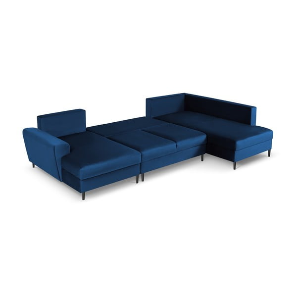 Син кадифен разтегателен ъглов диван с място за съхранение (десен ъгъл/U форма) Kyoto – Cosmopolitan Design-image-2