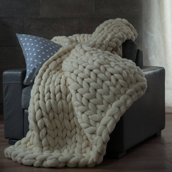 Кремаво ръчно плетено каре от мериносова вълна , 180 x 140 cm - WeLoveBeds-image-2