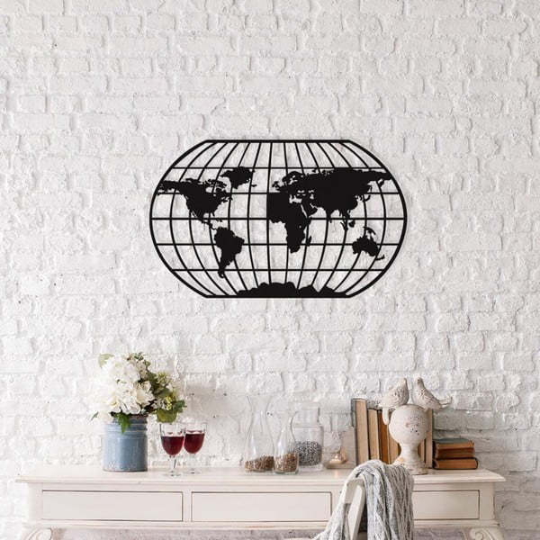 Черна метална декорация за стена Овална карта на света, 88 x 49 cm - Unknown