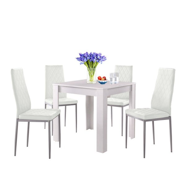 Set bílého jídelní stolu a 4 bílých jídelních židlí Støraa Lori and Barak, 80 x 80 cm