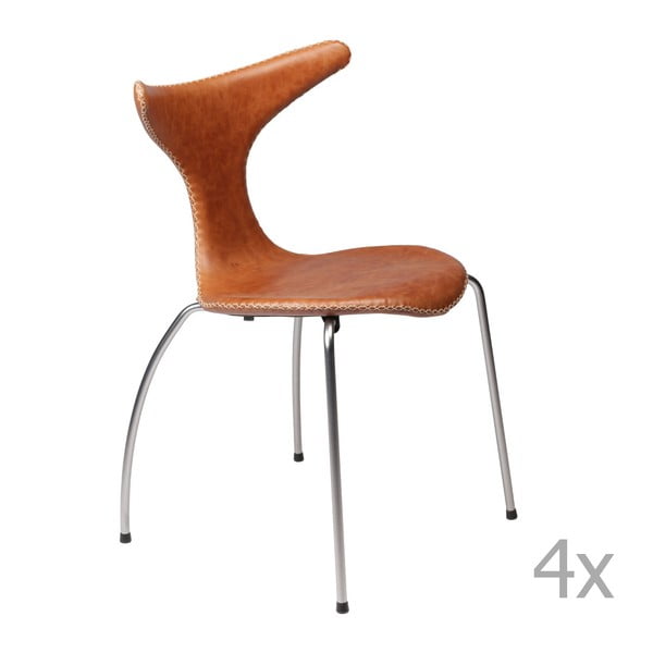 Sada 4 hnědých kožených jídelních židlí s kovovým podnožím DAN– FORM Dolphin