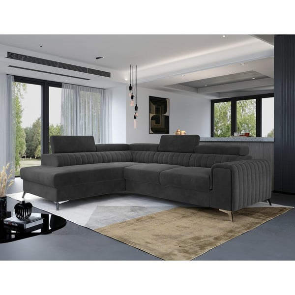 Тъмносив кадифен разтегателен ъглов диван с място за съхранение (ляв ъгъл L форма) Laurence – ELTAP-image-1