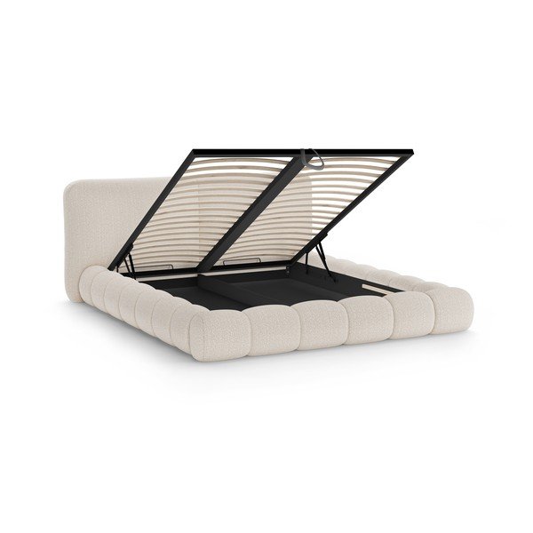 Бежово тапицирано двойно легло с място за съхранение и включена подматрачна рамка 200x200 cm Solange – Micadoni -image-2