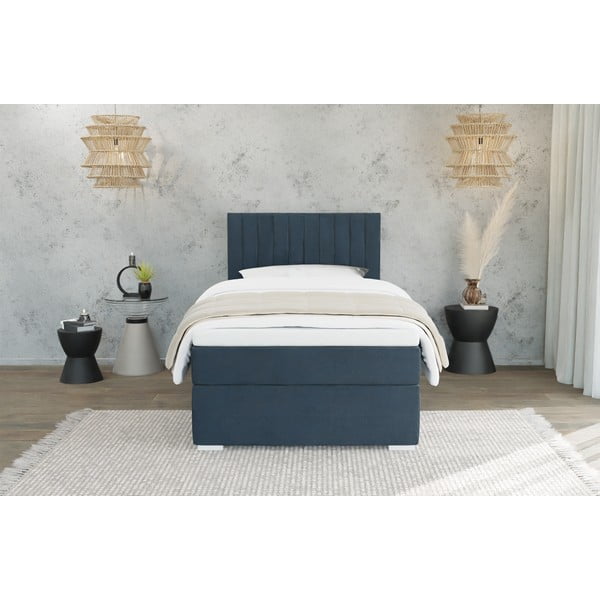 Тъмносиньо единично тапицирано легло с място за съхранение с включена подматрачна рамка 80x200 cm Bunny – Ropez-image-2