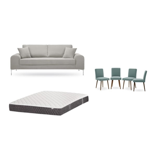 Комплект от триместен светлосив диван, 4 сиво-зелени стола и матрак 160 x 200 cm - Home Essentials