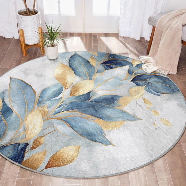 Синьо-златист кръгъл килим подходящ за пране ø 120 cm Golden Leaves – Mila Home-image-1