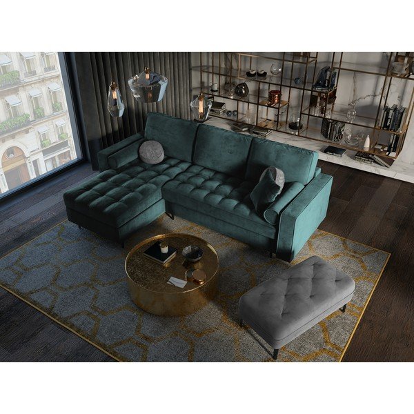 Ъглов разтегателен диван от кадифе в петролено зелено, ляв ъгъл Santo - Milo Casa-image-1