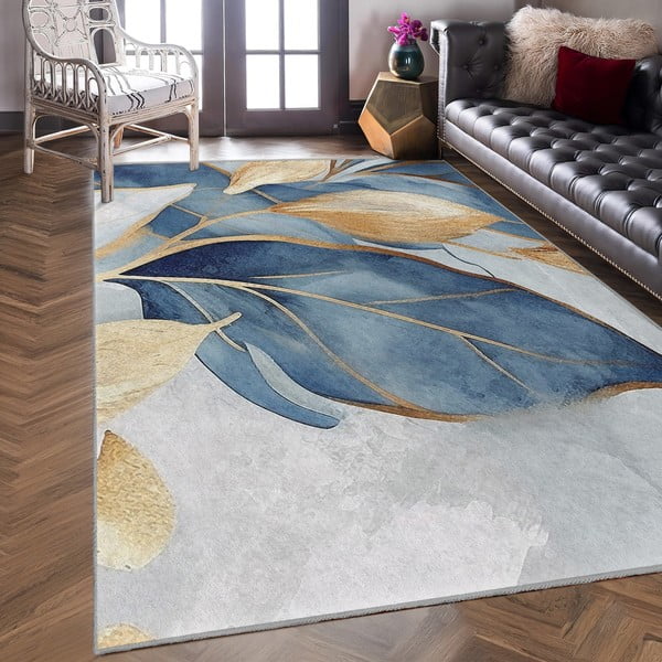Синьо-златист килим подходящ за пране 80x150 cm Golden Leaves – Mila Home-image-4