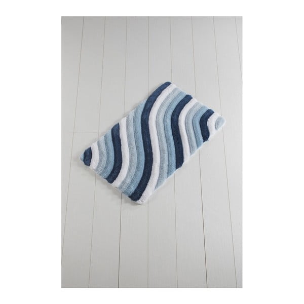 Синя и бяла постелка за баня Waves Trismo, 100 x 60 cm - Foutastic