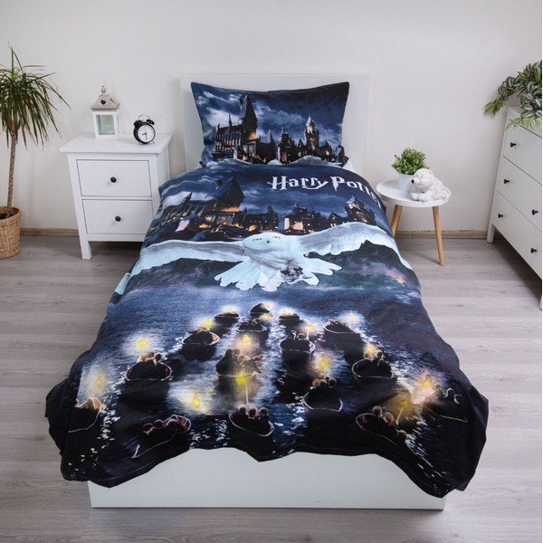 Тъмносиньо/сиво единично  детско спално бельо от микрофибър 140x200 cm Harry Potter "Hogwarts Night" – Jerry Fabrics-image-1