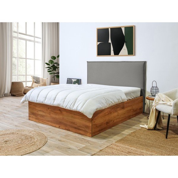 Сиво-натурално двойно легло с място за съхранение с решетка 140x190 cm Cara - Bobochic Paris-image-1