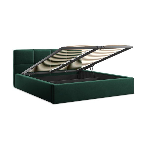 Тъмнозелено кадифено двойно легло 140x200 cm тапицирано с място за съхранение и включена подматрачна рамка Hiko – Makamii-image-2