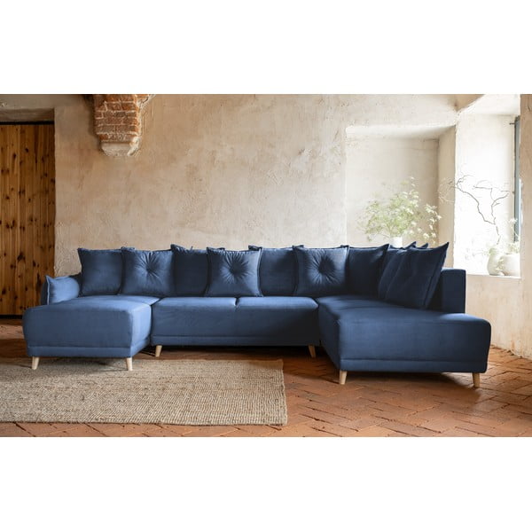 Тъмносин ъглов разтегателен диван от велур (десен ъгъл/U-образна форма) Lazy Lukka - Miuform-image-1