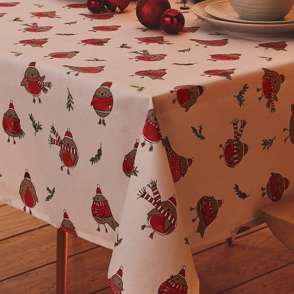 Памучна покривка за маса с коледен мотив 137x229 cm Christmas Robins - Catherine Lansfield