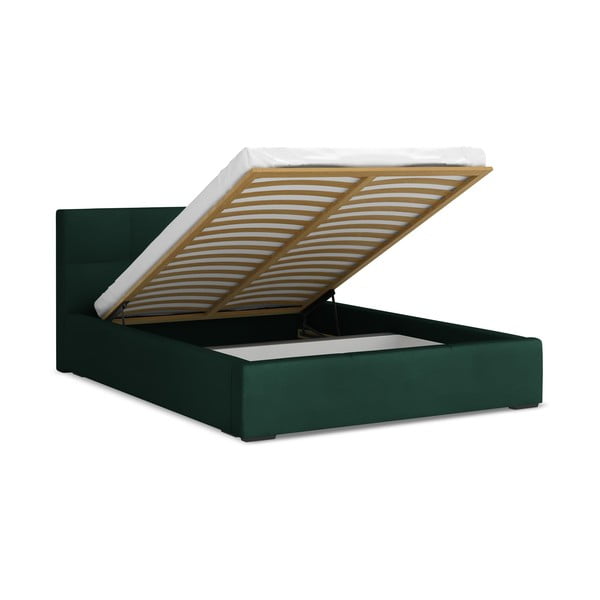 Тъмнозелено кадифено двойно легло 140x200 cm тапицирано с място за съхранение и включена подматрачна рамка Hiko – Makamii-image-1
