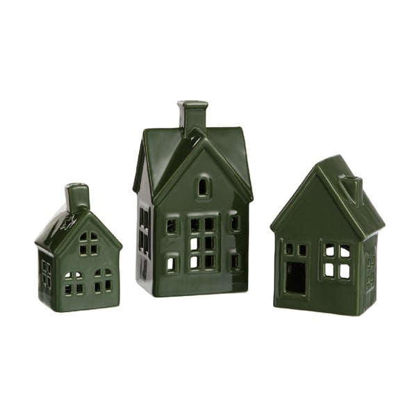 Комплект от 3 зелени порцеланови къщички за чаени свещи - J-Line