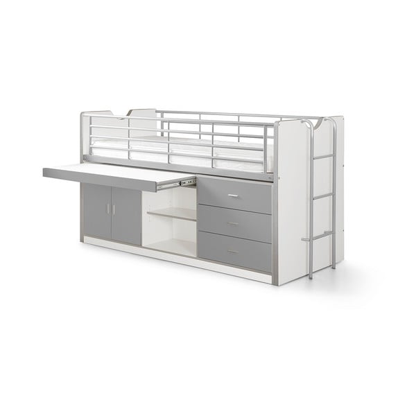 Бяло-сиво повдигнато детско легло с място за съхранение и включена подматрачна рамка 90x200 cm Bonny – Vipack