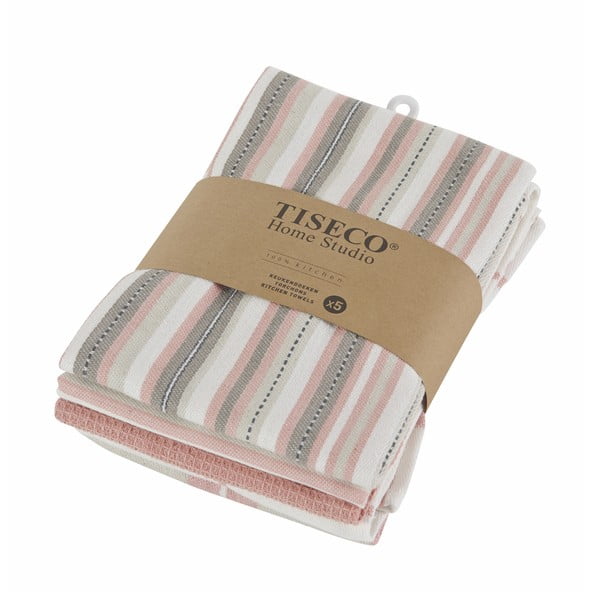 Комплект от 5 памучни чаени кърпи в сьомгово розово, 50 x 70 cm - Tiseco Home Studio