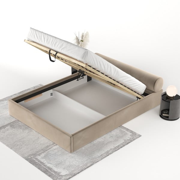 Светлокафяво двойно легло 140x200 cm тапицирано с място за съхранение с включена подматрачна рамка Solvo – Maison de Rêve-image-3