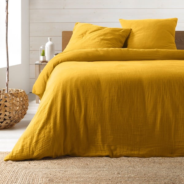 Жълто удължено муселиново двойно спално бельо 240x260 cm Angelia – douceur d'intérieur