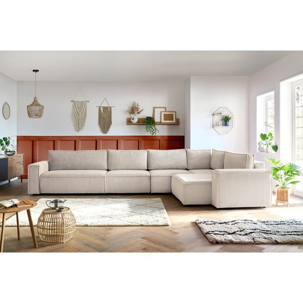 Кремав ъглов диван от велур, десен ъгъл Nihad modular - Bobochic Paris-image-1