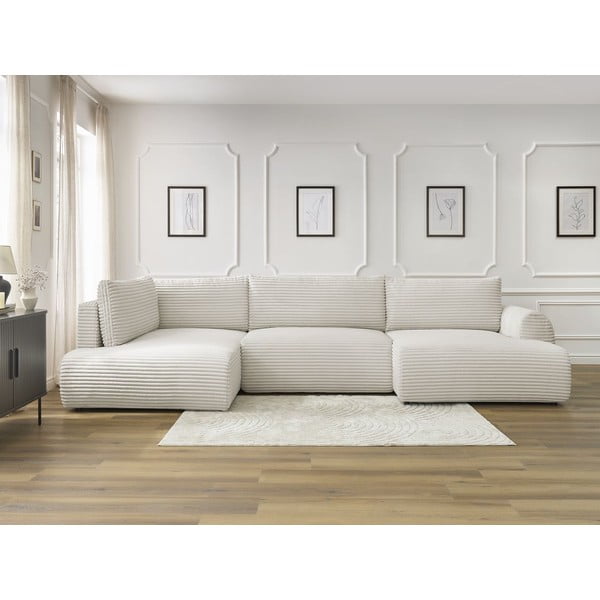 Кремав сгъваем/с място за съхранение ъглов диван от рипсено кадифе (ляв ъгъл/U форма) Lucien – Bobochic Paris-image-1