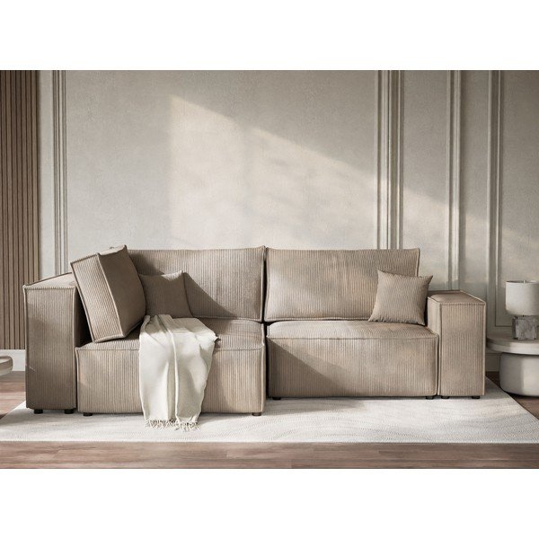 Бежов сгъваем/с място за съхранение ъглов диван от рипсено кадифе (ляв ъгъл/L форма) Tonga – Maison de Rêve-image-1