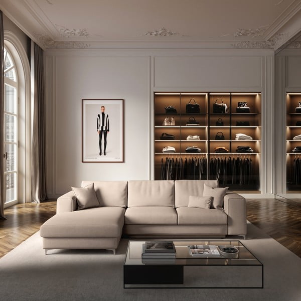 Бежов кадифен разтегателен ъглов диван с място за съхранение (ляв ъгъл) Rene – Rodier-image-1