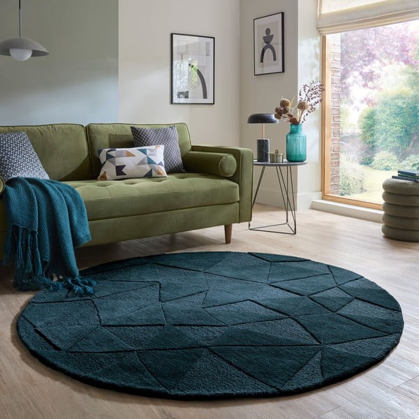 Тюркоазен ръчно изработен вълнен кръгъл килим ø 160 cm Shard Teal – Flair Rugs-image-1