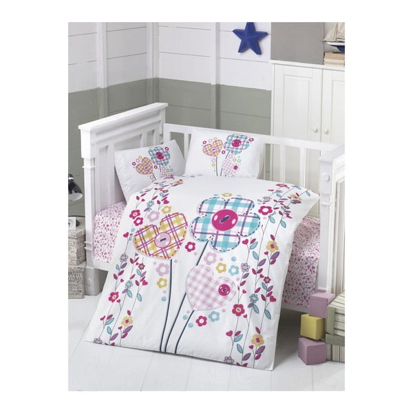 Памучен комплект за бебешко спално бельо с чаршаф Цветя, 100 x 150 cm - Unknown