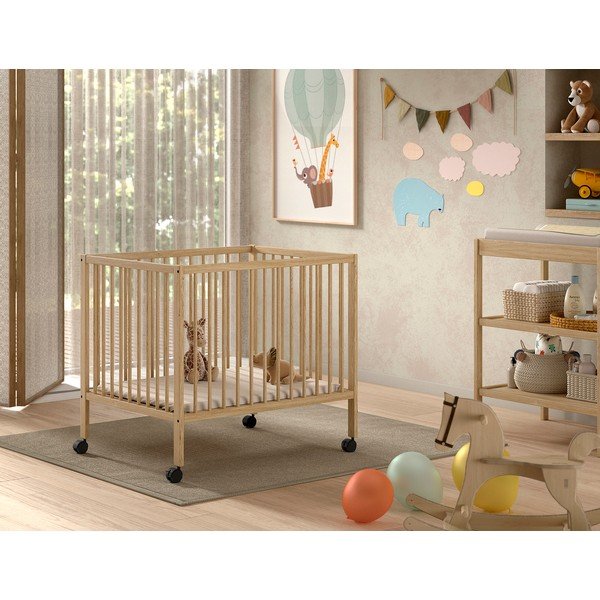 Кошара за игра от масивен бук с регулируема височина/на колелца 95x75 cm в естествен цвят Dino – Vipack-image-1