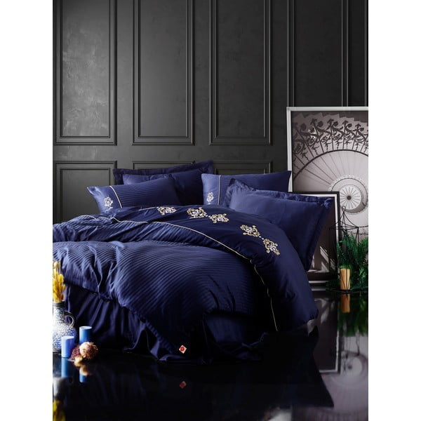 Тъмносиньо спално бельо за двойно легло от памучен сатен Cotton Box , 240 x 260 cm King - Mijolnir