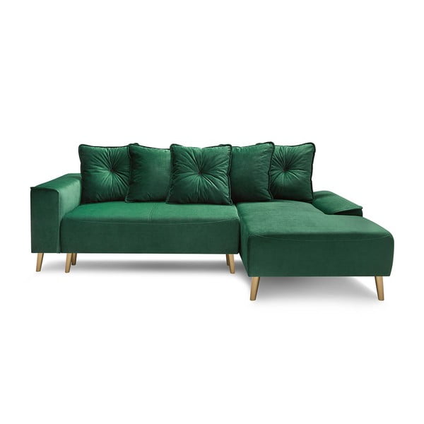 Разтегателен диван от зелено кадифе със златни крака Hera, десен ъгъл - Bobochic Paris