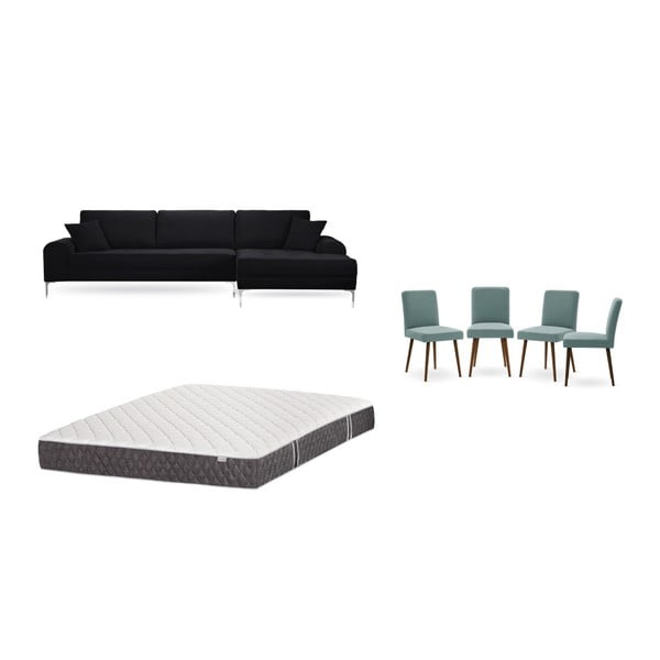 Комплект от черен диван с мързелив диван отдясно, 4 сиво-зелени стола и матрак 160 x 200 cm - Home Essentials