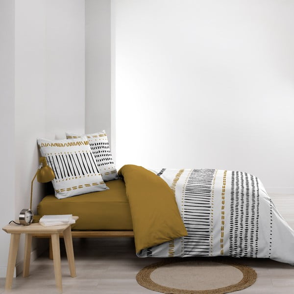 Двойно удължено памучно спално бельо в цвят горчица/бяло 240x220 cm Chicago – douceur d'intérieur-image-1