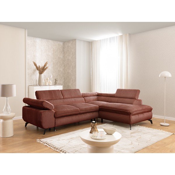 Теракотен ъглов диван от рипсено кадифе (десен ъгъл/L форма) Marbeya  – Ropez-image-1