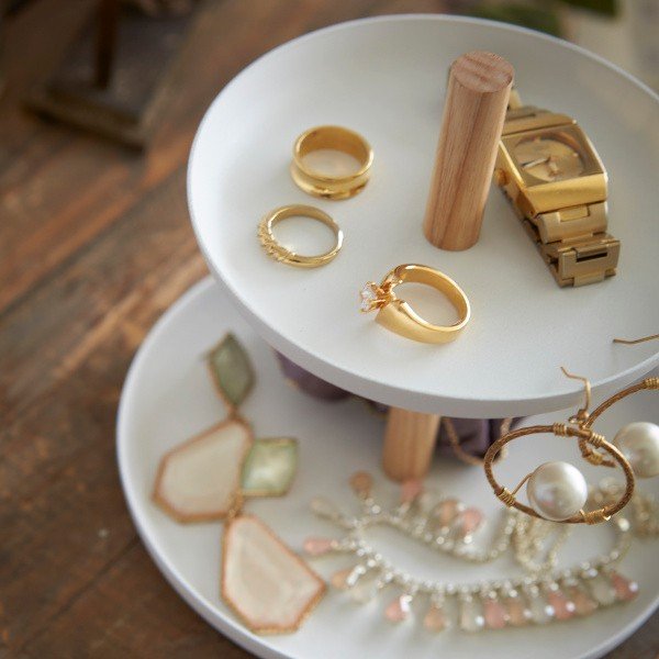 Бяла стойка с 2 купи за съхранение и детайли от букова дървесина Tosca - YAMAZAKI-image-2