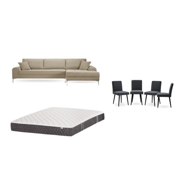 Комплект от сив и бежов диван с мързелив диван отдясно, 4 антрацитно сиви стола и матрак 160 x 200 cm - Home Essentials