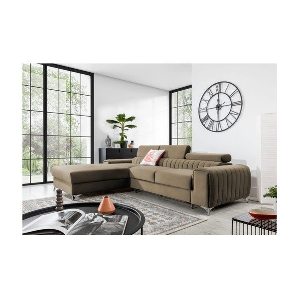Светлокафяв кадифен разтегателен ъглов диван с място за съхранение (ляв ъгъл) Grayson – ELTAP-image-1